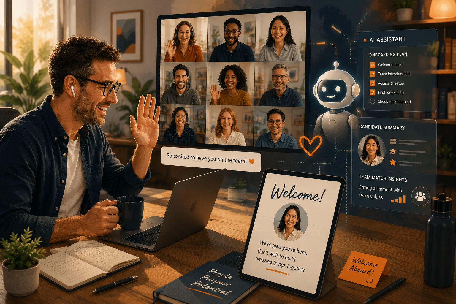 A hiring manager welcoming a new remote employee while AI assists in the background.