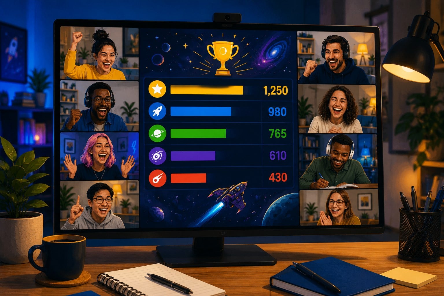 A remote all-hands meeting on a laptop screen: a grid of video tiles with teammates laughing during a live quiz round, a real-time scoreboard visible on screen, capturing the energy shift before the main agenda.
