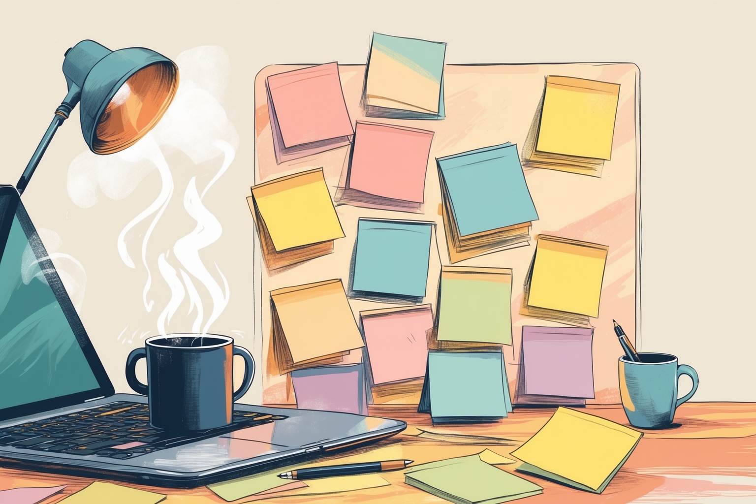 A clean, modern desk during a remote team standup; a single laptop with multiple smiling faces on screen, a notepad with a handwritten question prompt — meant to evoke a warm, non-cringe meeting opener.