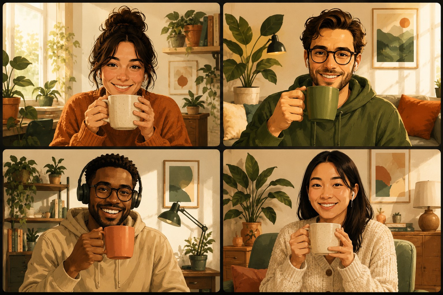 A remote team on a video call during a recurring ritual: a relaxed grid of video tiles mid-conversation, conveying an easy, repeated get-together rather than a one-off event.