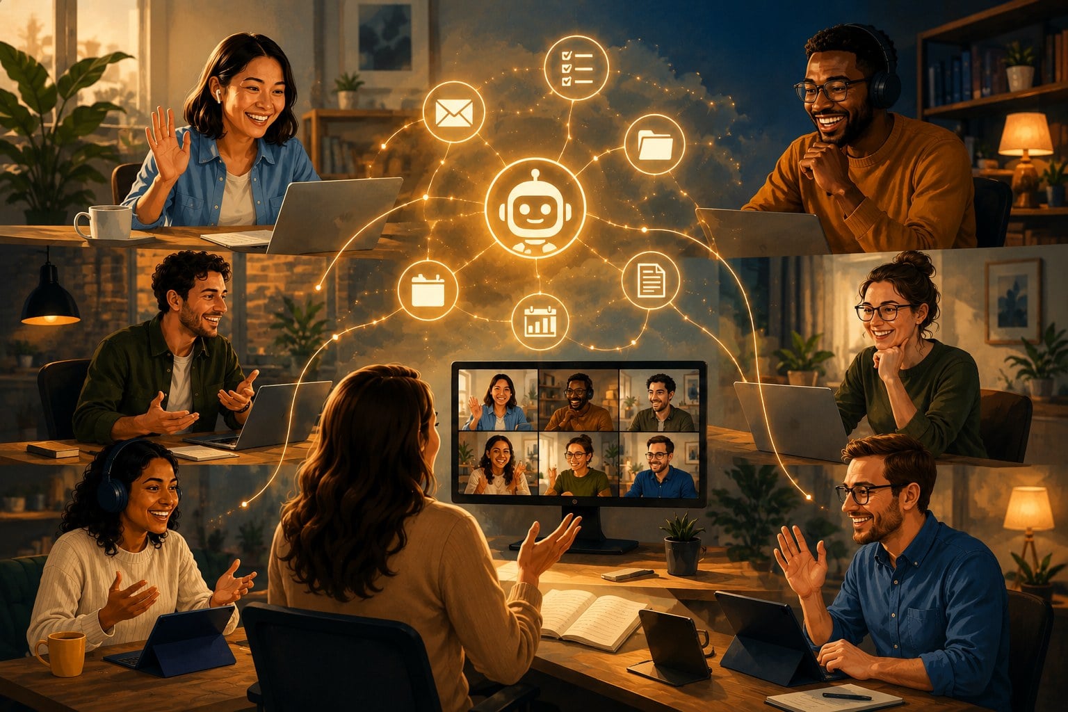 Remote team connection in the AI era: a distributed remote team collaborating across different locations while AI-powered tools automate workflows in the background, focused on human connection and trust.