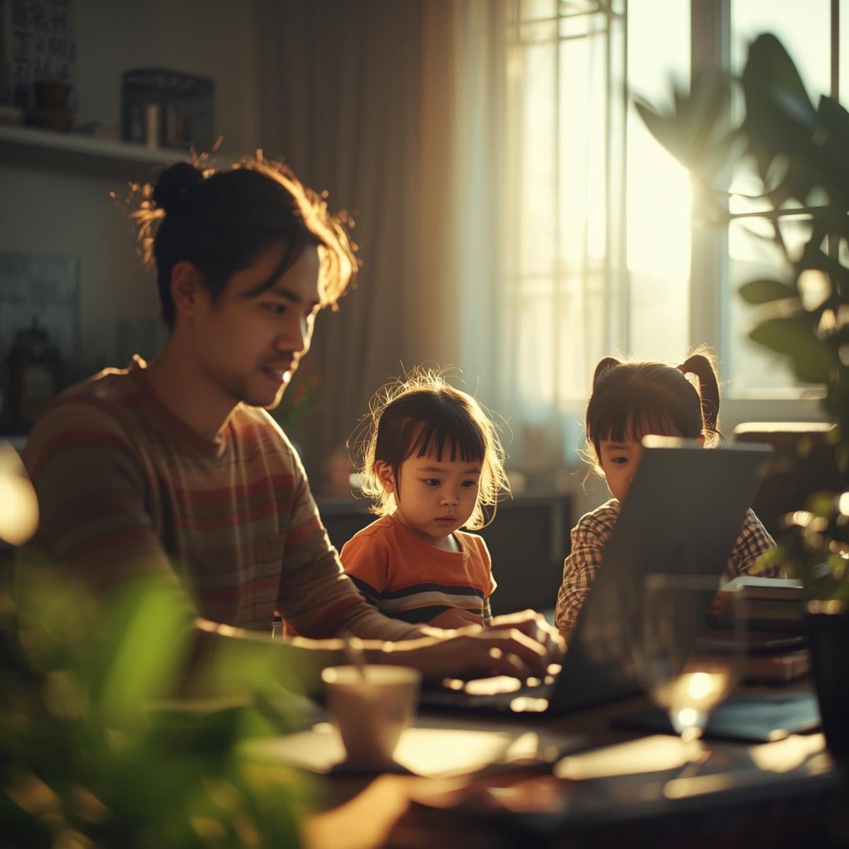 Remote-working parent spending time with children at home after saving hours from daily commute