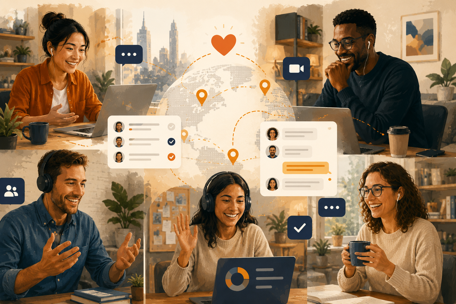 Remote team members building relationships and collaborating across locations.