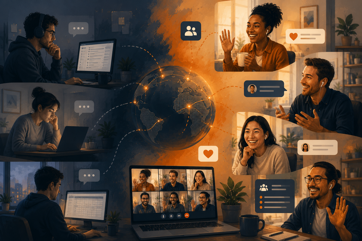 Remote employees working together while some remain disconnected, illustrating the difference between transactional work and genuine team connection.