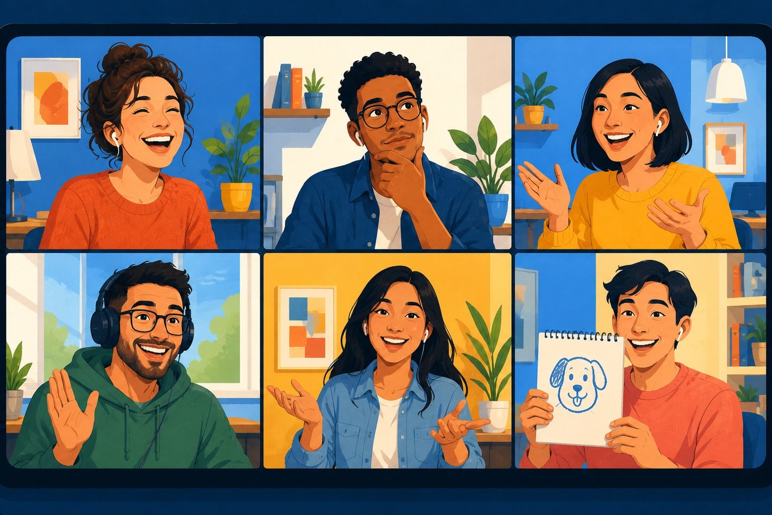 A remote team meeting on a laptop screen, several video tiles mid-laugh as a warm-up question shows on screen before the agenda begins.