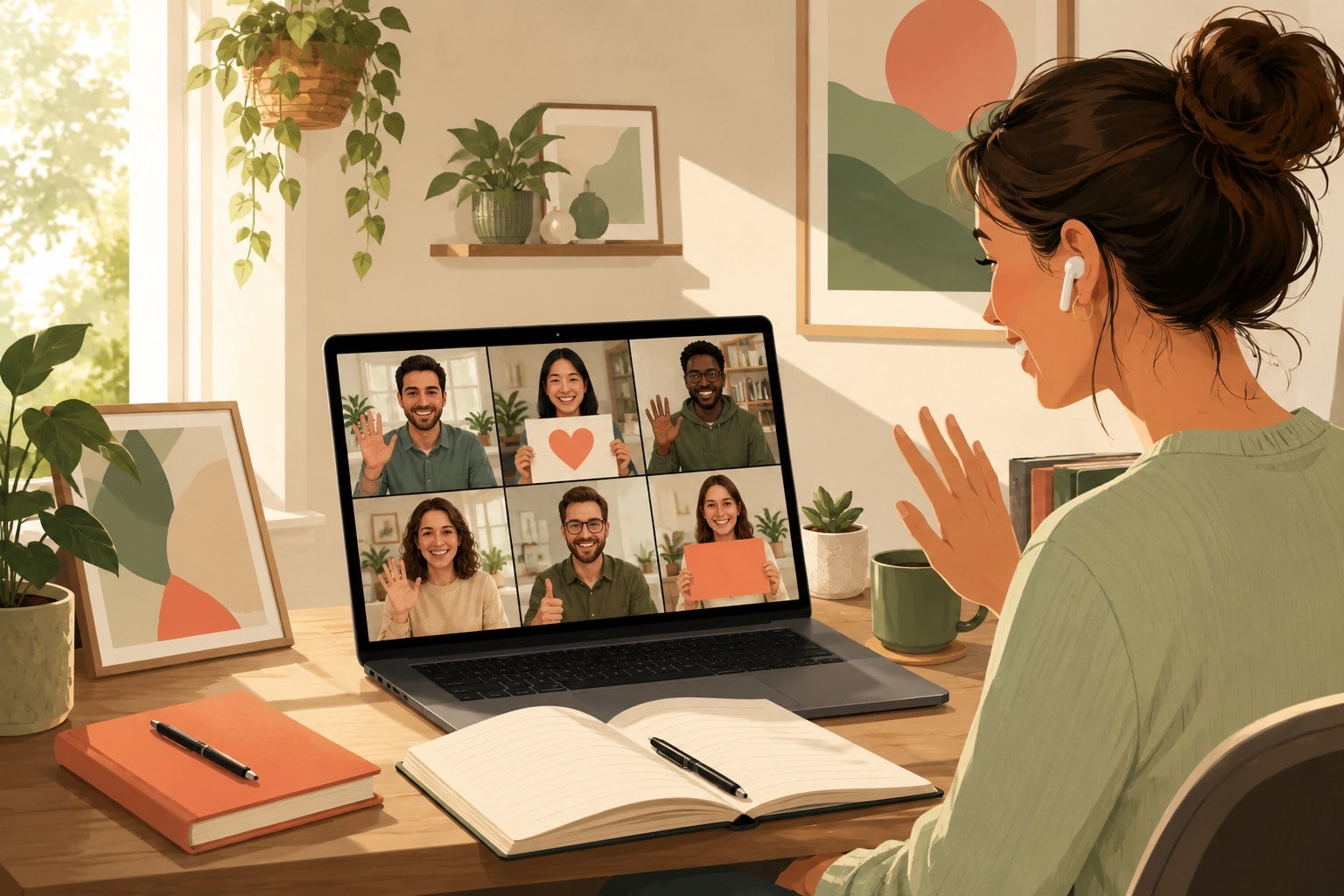 A remote standup on a laptop screen during onboarding week: a new hire's video tile among smiling teammates, with a question prompt visible on screen, evoking a first real moment of connection.