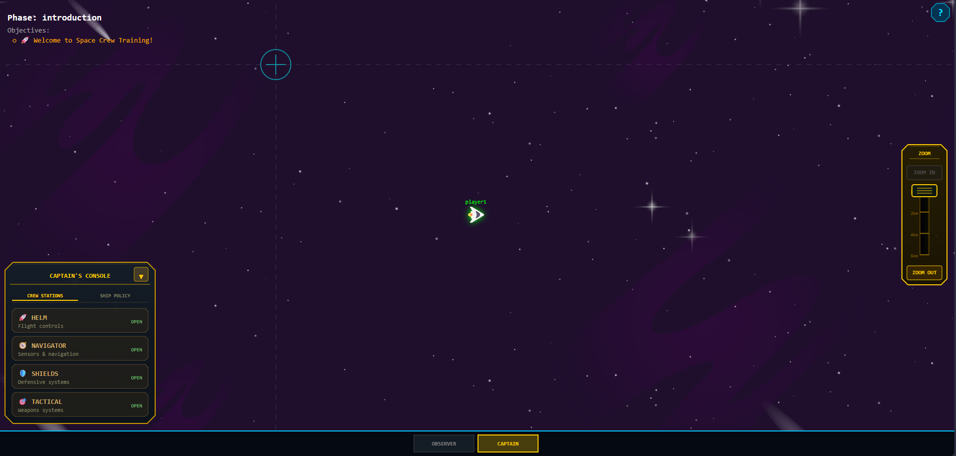 Stellar Bonds Captain's Console showing all four crew stations — Captain, Gunner, Shield Officer, and Flight Officer — each with their own controls