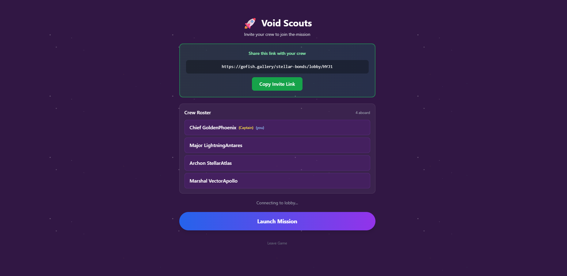 Stellar Bonds crew lobby showing four players assembled with a shareable invite link — ready to launch their mission